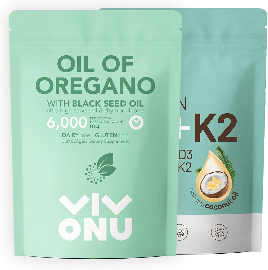 Öl von Oregano Kapseln & Vitamin D3 10000 iu Plus K2 (MK-7) 200 mcg, 300 Kokosöl Softgele