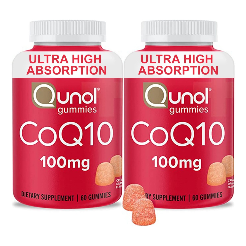 Qunol CoQ10 Gummies, CoQ10 100mg, Delicious Gummy Suppléments, aide à soutenir la santé cardiaque, végétalien, sans gluten, ultra haute absorption, 2 mois d'approvisionnement (60 comte, paquet de 2)