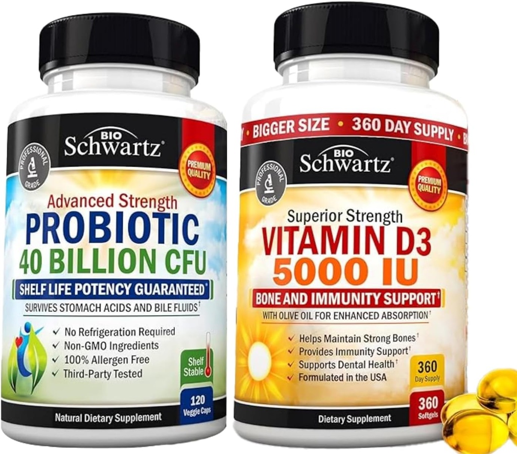 Hohe Stärke Vitamin D3 5000 IU 125 mcg (1 Jahr Versorgung) Plus 40 Billion CFU Tägliche probiotische Ergänzung (2 Monate Versorgung)