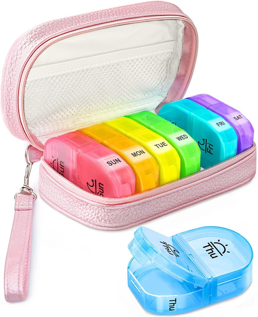 Süße Pille Organizer 2 Mal am Tag, PU-Leder Pille Fall für Frauen, Tragbare wöchentliche Pille Box für Geldbeutel mit Aufbewahrungstasche Vitamine, Medikamente, Fischöle, Nahrungsergänzungsmittel (Pink)