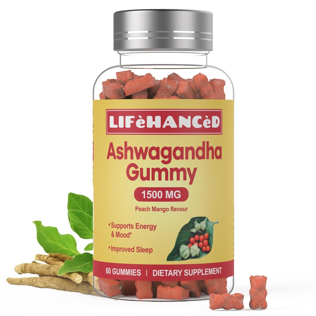 Ashwagandha Gummies, LAB Getestet, 60 Count,1500mg,3% Withanolides,Peach Mango Aroma, Ideale Ergänzung für Ihre ganze Familie.