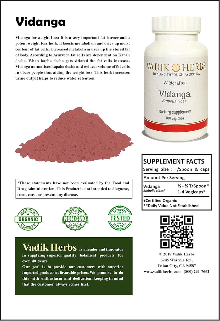 Vadik Kräuter Certified Organic Vidanga (Embelia Ribes) Pulver 1lb. Pack | Herb für Gewichtsverlust, Hautbedingungen, Darmreiniger