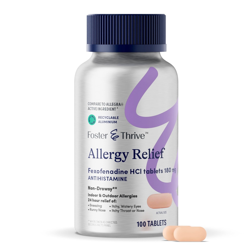 Foster & Thrive Fexofenadine HCl Non Drowsy Allergy Relief für Hay Fever, Pollen, Itchy Eyes und Saisonale Allergien, effektive Unterstützung für Kinder und Erwachsene, 180 mg, 100 Tabletten
