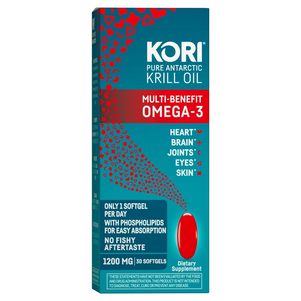 Kori Krill Oil Omega 3, huile de krill antarctique avec absorption supérieure par rapport à l'huile de poisson, 1200mg Softgels, EPA & DHA, 30 Softgels