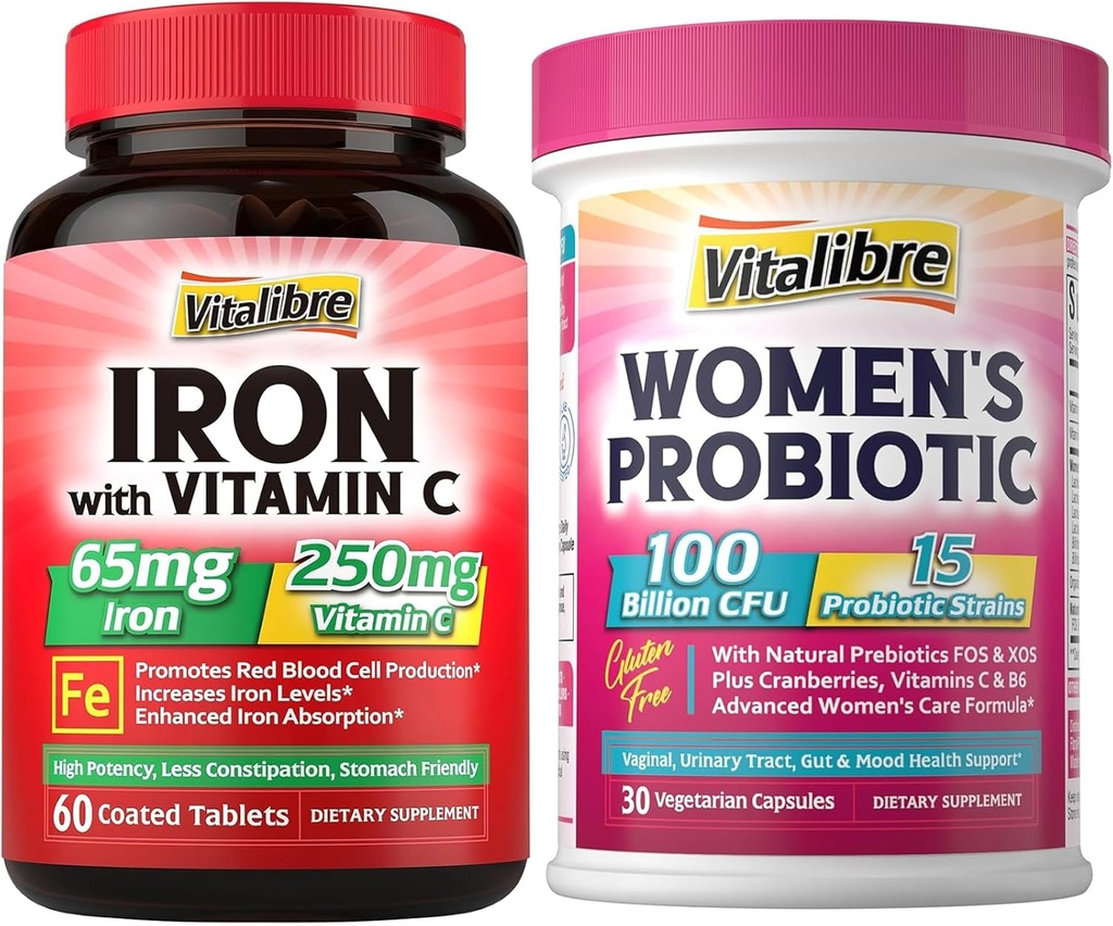 Eisenergänzung, 65mg Carbonyl Iron mit 250mg Vitamin C + Vitalibre Frauen Probiotics 100 Billion CFU, 15 Strains, w/Prebiotic, Cranberry, Vitamin B6 & VC