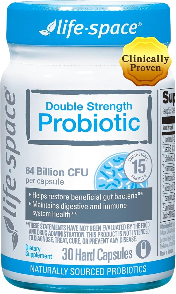 Life-Space Double Strength Broad Spectrum Probiotic, 64 Billion CFU & 15 Diverse Strains, Redouble Formuliert für Verdauungs- und Immungesundheit, Probiotika für Frauen & Männer - 30 Veg Capsules