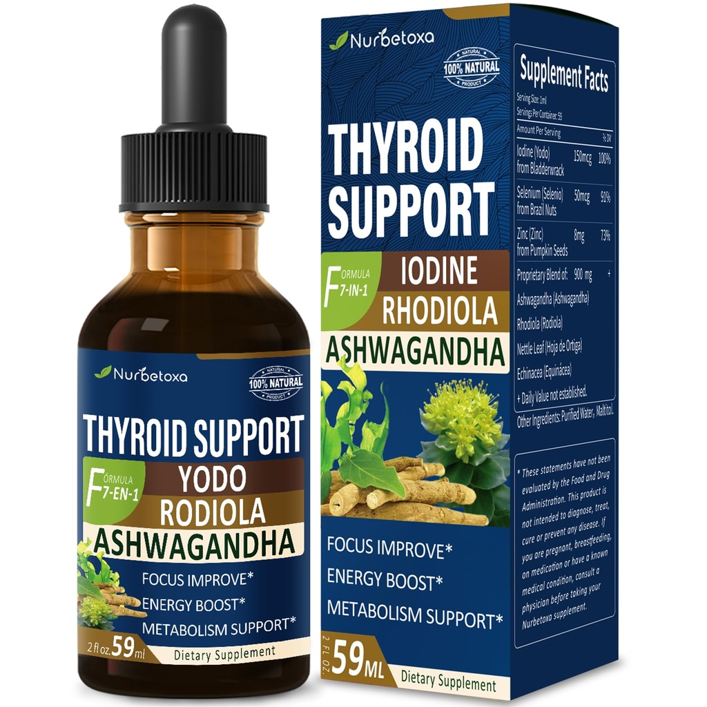 Schilddrüsenunterstützung Tropfen - Flüssige Jodergänzung, Gotas de YODO y Selenio para Tiroides, Con Rodiola Semenovii y Ortiga, Kampf Gehirn Fog w/Ashwagandha & Rhodiola Extract Tincture.2 oz