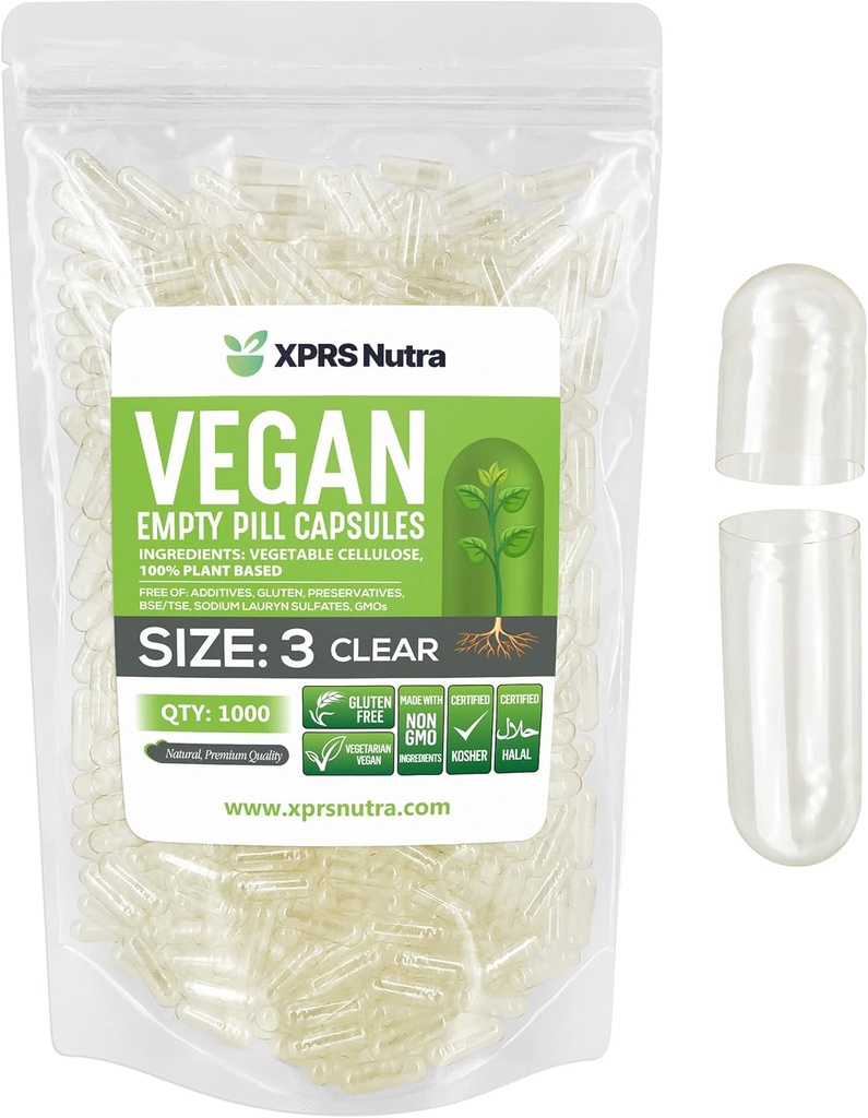 XPRS Nutra Größe 3 Leere Kapseln - 1000 Count klare leere vegane Kapseln - Vegetarische Pillen - DIY Gemüse Kapsel Füllung - Veggie Pillen Caps
