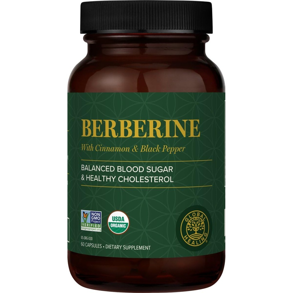 Global Healing Center - Berbérine biologique (Berberina) avec Ceylan Cinnamon & Black Pepper, 1200 mg- Supplément Berbérine extra-fort et complexe pour perte de poids (60 capsules)