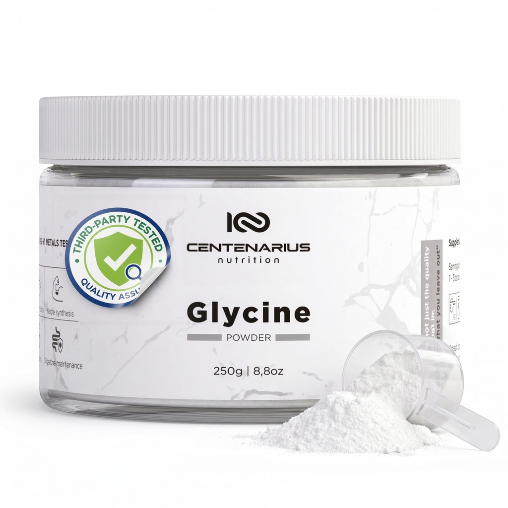 Poudre de Glycine 250g , Supplément d'acides aminés non essentiels pour la récupération des muscles après l'entraînement, la digestion, l'aide au sommeil + Plus - Végétalien, sans additifs, tiers testé , Centenarius Nutrition
