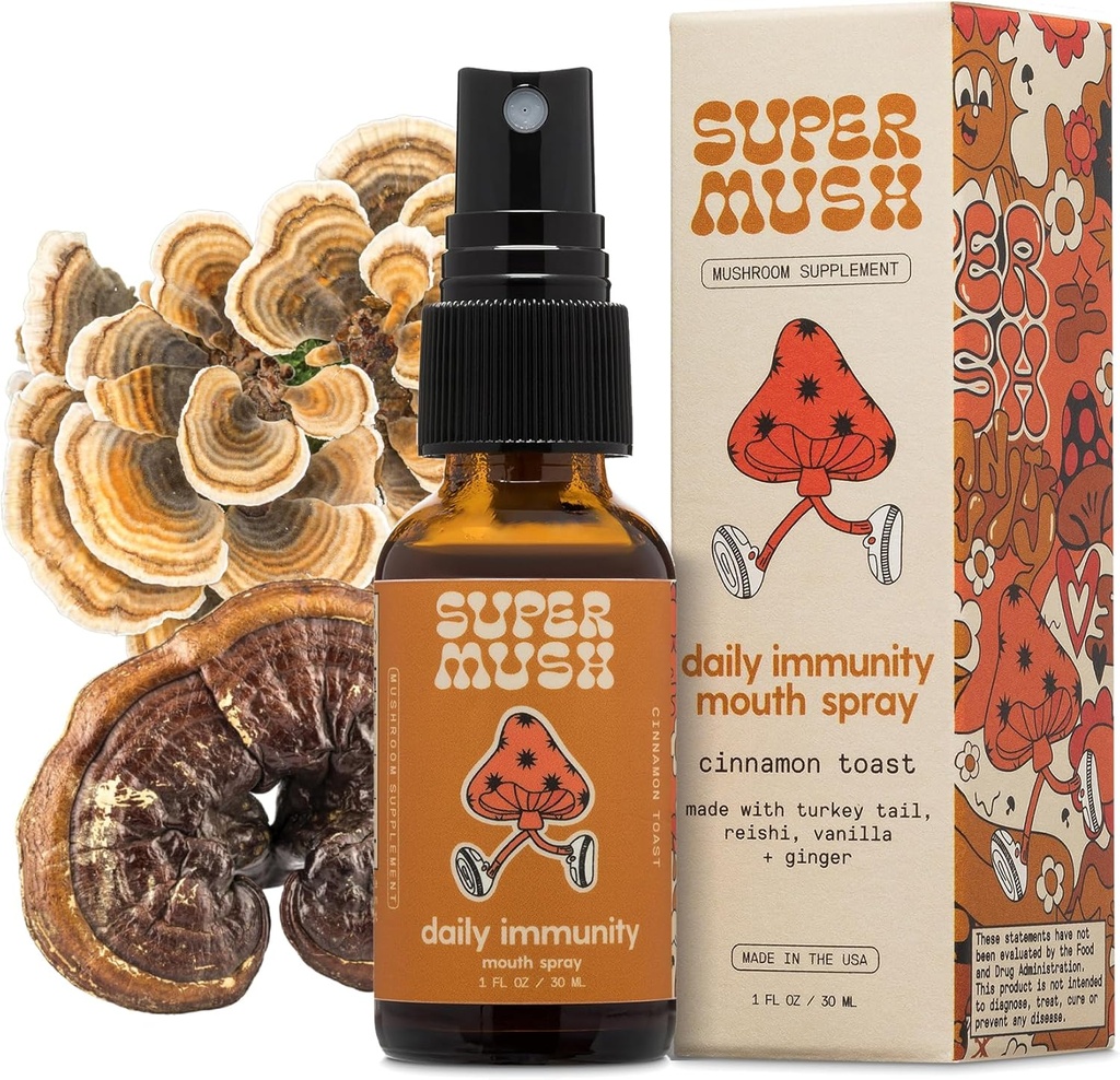 SuperMush Daily Immunity Mouth Spray Organic - Pilz-Immunität Spray Supplements - Türkei Tail & Reishi Gemischte Pilze Extrakt - Immun- & Verdauungshilfe - 30ml Pure & Organic Turkey Tail