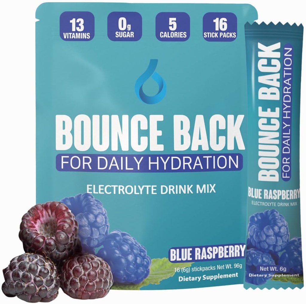 Rebondir l'hydratation quotidienne - 13 vitamines essentielles, sachets d'électrolyte de sucre zéro - 5 calories, biologique - Keto et intermittente Friendly.