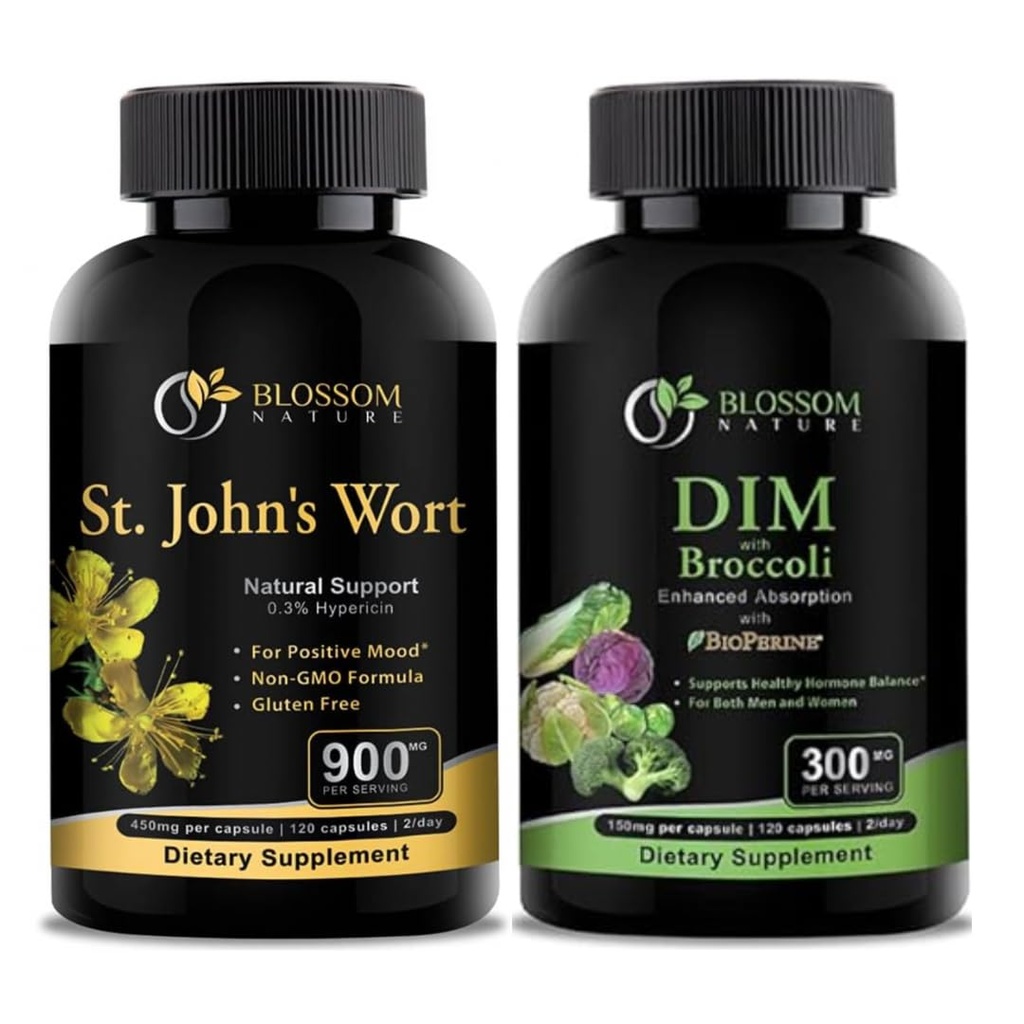 St Johns Wort 900mg-Mood Support Supplement-Calm Ergänzungen. DIM-Ergänzung 300mg mit Broccoli 200mg BioPerine 10mg-Hormone und Estrogen Balance für Frauen&Men.120 Gemüsekapseln(2 MONTHS SUPPLY)