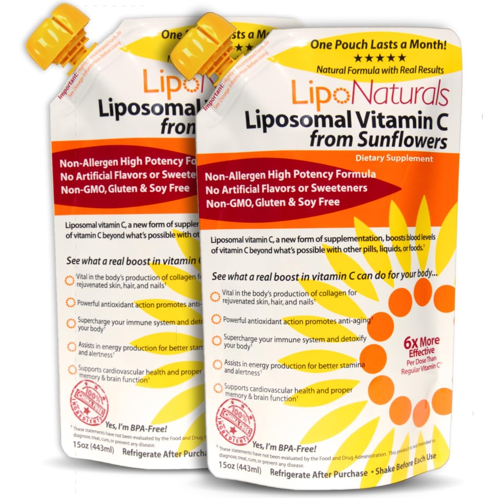 Lipo Naturals Vitamine liposomique C 1000mg Liquide (2-Pack 60 doses) - Formule naturelle Immunité + support énergétique - Vegan, sans Chine (15oz / 443ml ea.)