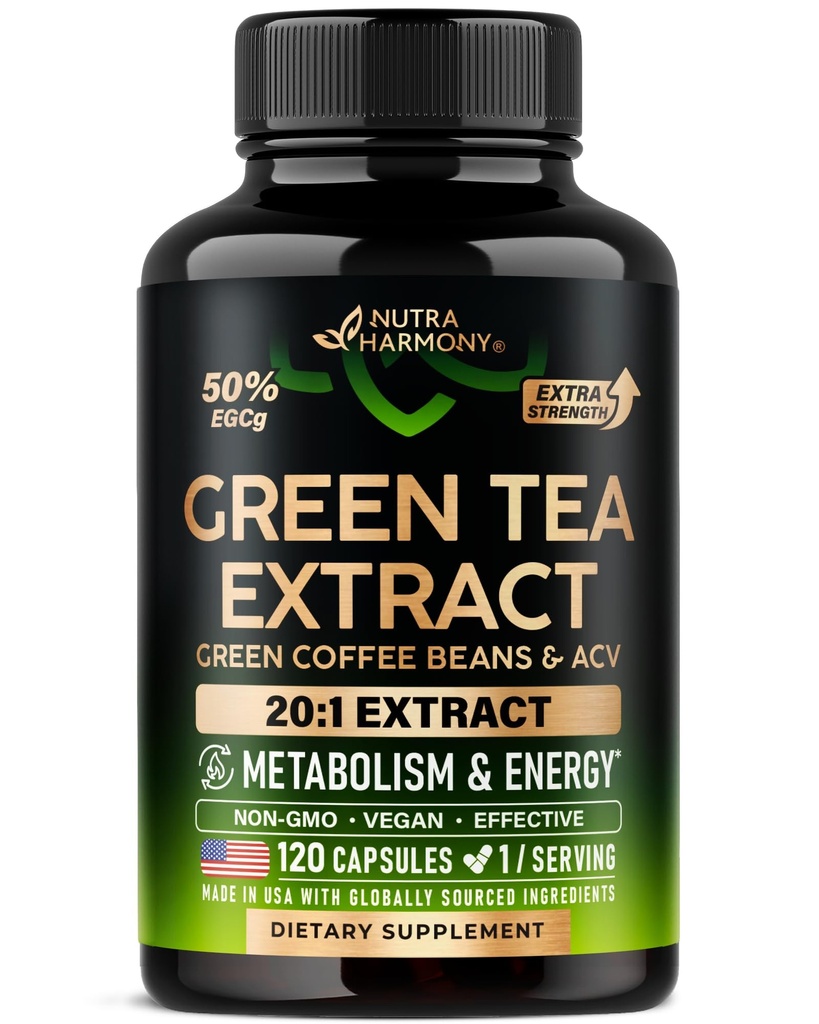 Grüntee-Extrakt - 50% EGCG, Extrastärke 20:1 Extrakt - Natürliche Grüntee-Ergänzung + Grüne Kaffeebohnen & Apfelessig - Energie & Stoffwechselunterstützung - für Männer & Frauen - Vegan 120 Kapseln