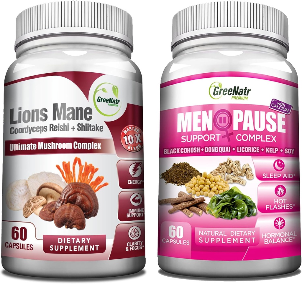 GreeNatr Energy Boost Plus Menopause Support Bundle: Unsere Pilz-Ergänzung bietet einen natürlichen Energie-Boost, Förderung der anhaltenden Vitalität + Kräuter Menopause Complex für heiße Flashes, Nachtschwärmen