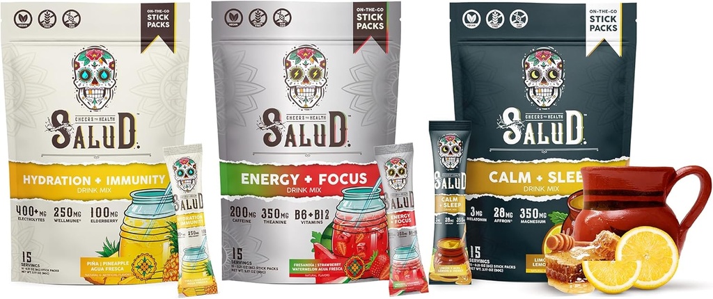 Salud Variety 3-Pack | 2-in-1 Hydration + Immunität (Pineapple), Energie + Fokus (Strawberry Watermelon) & Calm + Schlaf (Lemon Honey) – 15 Servierungen Jede, Non-GMO, Glutenfrei, Niedrige Kalorien, 1g Zucker