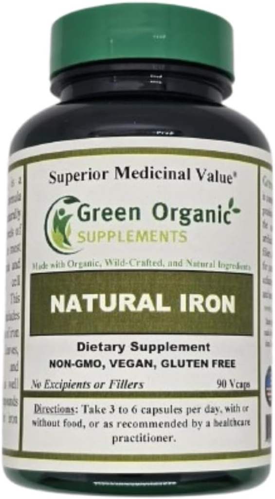 (Pack von 1) Green Organic Supplements' Iron, 2000mg Bio Eisen Kapseln, 90, handgemacht, Vegan, Non-GMO, & Gluten Kostenlose natürliche Eisen Kapseln