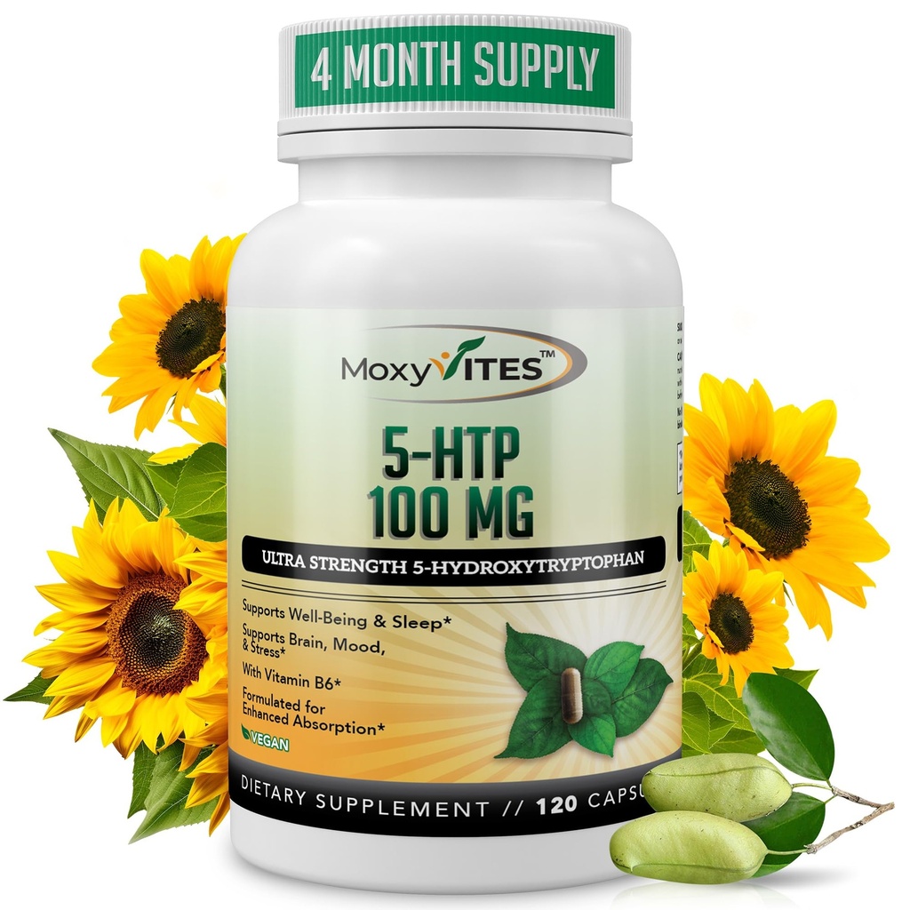 MoxyVites 5HTP 100mg supplément, plus B6, 5 HTP aliments entiers organiques - Meilleur booster de sérotonine - non-OGM, 120 capsules végétaliennes