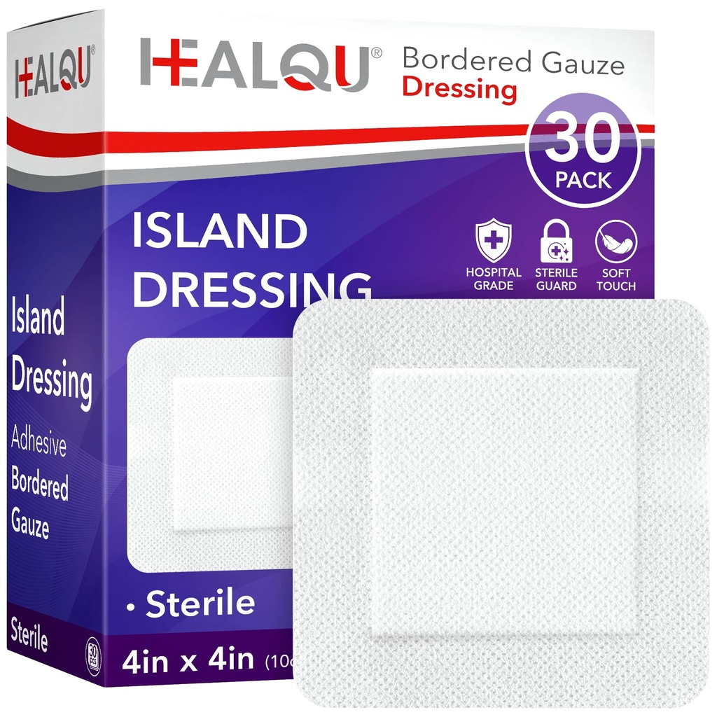 HEALQU Island Dressing - 4"x4", 30 Count - Bordered Gauze Steril Individuell Wrapped Gauze Pads, Wasser-Resistant, Non-Woven Backing - Weiche und atmungsaktive Wund Dressing für Erste Hilfe und Medizin