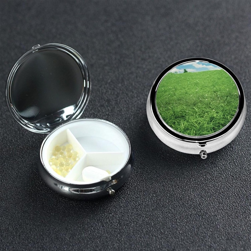 Pill Box 3 Compartiment petit cas de pilule pour la Purse & Pocket,Cute Mini Pill Organizer Green Lawn Metal Travel Pillbox Portable Pill Container Hold Vitamines, Huile de poisson