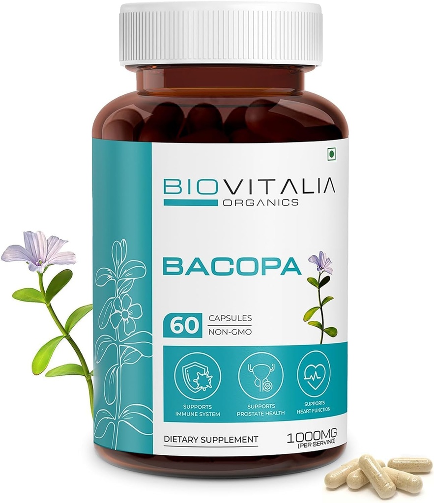 Biovitalia Natural Bacopa Ergänzung Kapseln unterstützt Gehirn Funktion 1000mg - 60 Kapseln