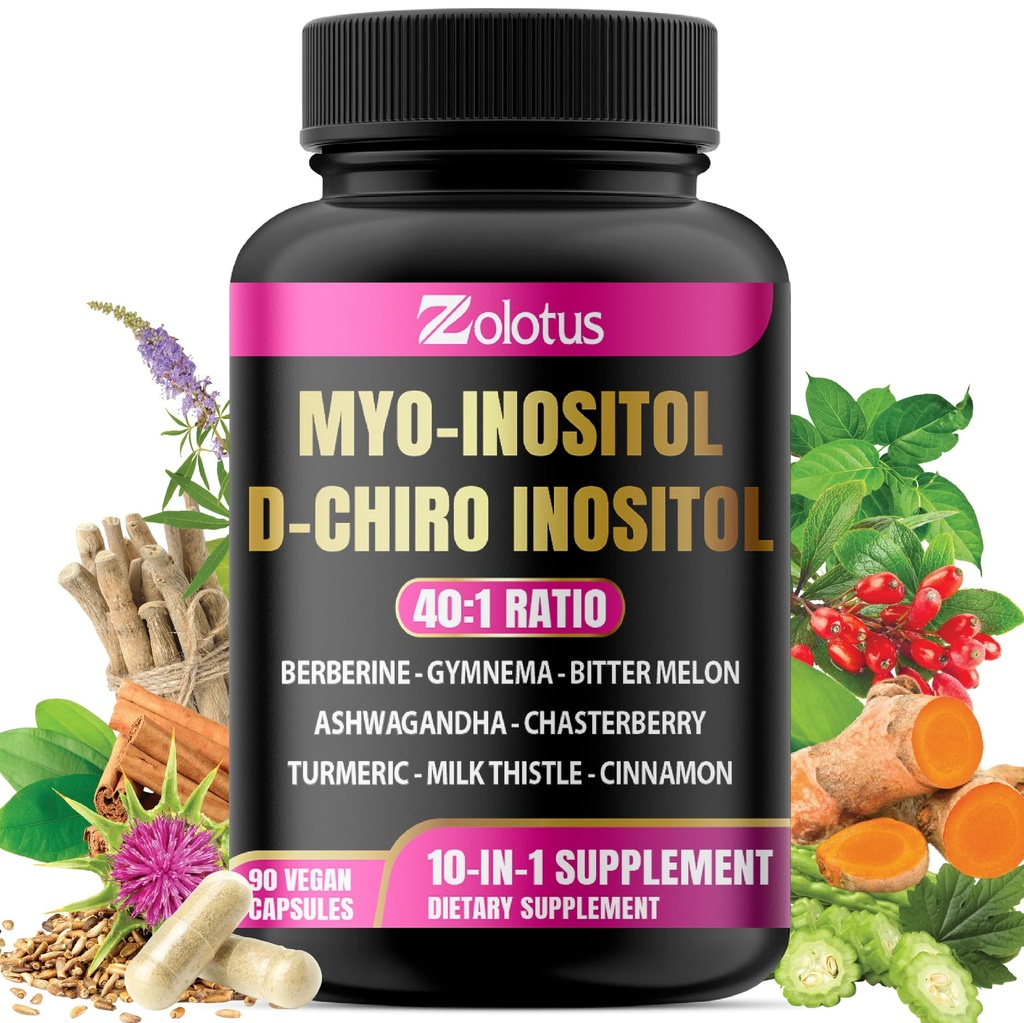 Zolotus Myo-Inositol et D-Chiro Inositol Rapport idéal Supplément Inositol avec Melon amère, Thistle de lait, Curcuma, Gymnema, Chasteberry, Ceylan Cinnamon, Ashwagandha, Berberine - 90 Capsules