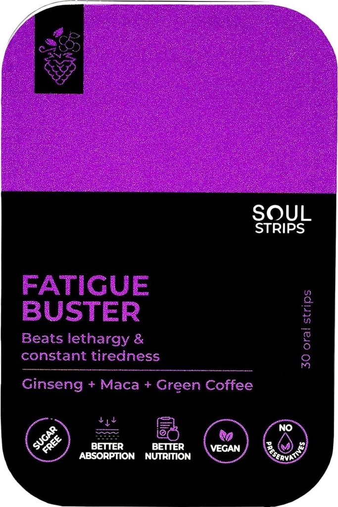 Soul Strips Fatigue Buster Ginseng, Maca, Green Coffee, Reduces Mental & Physical Fatigue, Mixed Berries Flavor, Quick Absorb, Tägliche Verwendung, Zero Sugar, Vegan, 30 Strips Pack