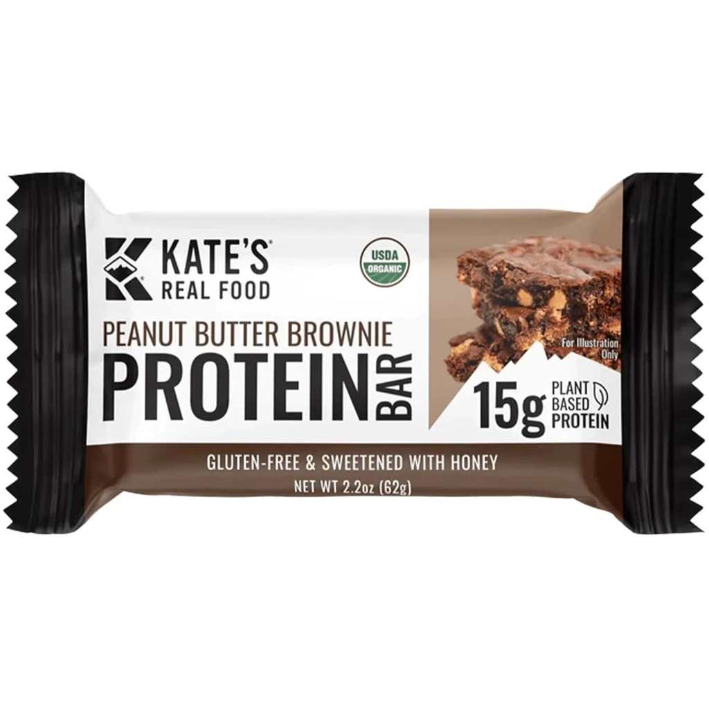 Kate’s Real Food Organic Protein Bars – (Peanut Butter Brownie, 2.2 oz, Pack of 12) – Pflanzenbasierte Protein Bars - Glutenfrei, Sojafrei, Non GMO, Ganze Gänse und All Natural