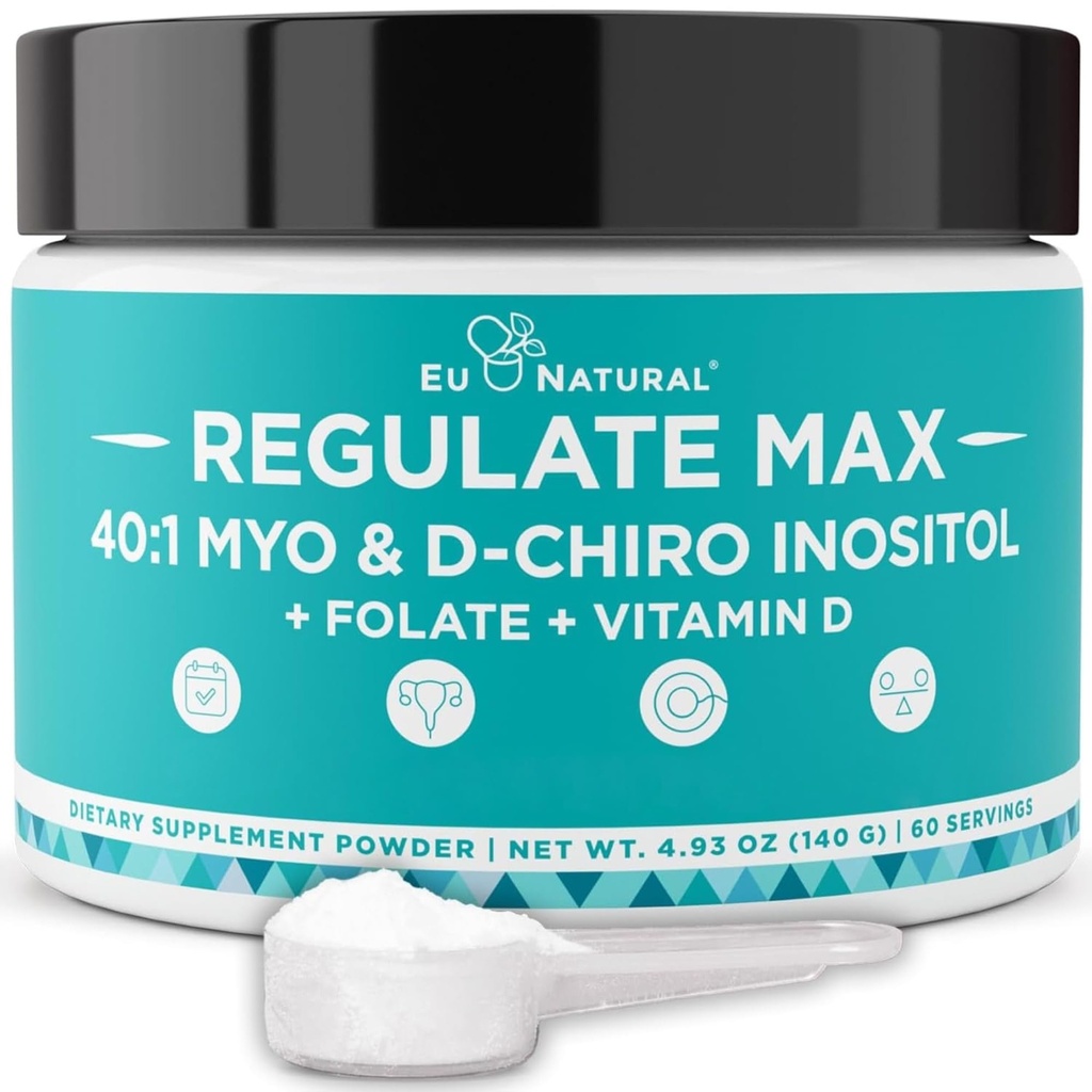 Régler MAX Myo-Inositol & D-Chiro Supplément Inositol Poudre pour les femmes avec vitamine D & Folate PCOS Nutritional Support, Hormone Balance & Fertility Support, Sans saveur 60 portions