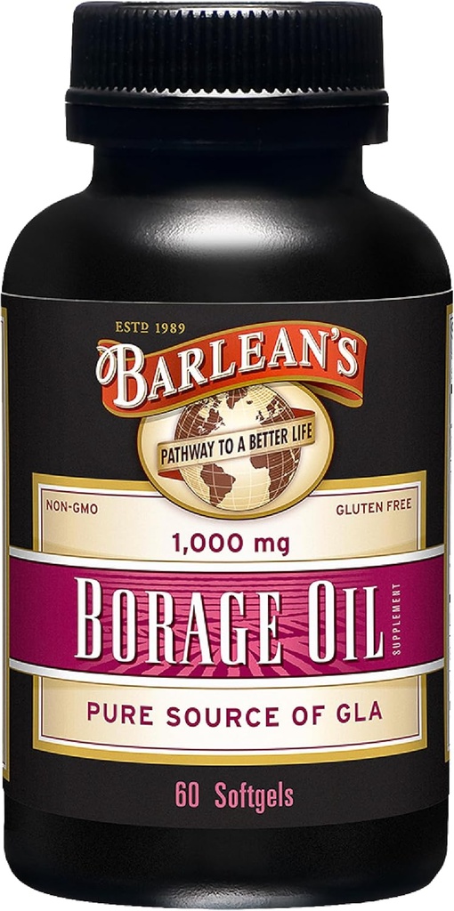 Barlean's Borage Oil Supplements, kalt gepresst reine Borage Seed Oil Supplement Softgels für Männer und Frauen, 1000 mg GLA Fettsäuren, 60 Zähler
