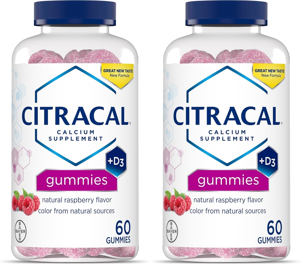 CITRACAL Kalziumergänzungsgummis, Kaubares Kalzium mit Vitamin D3, unterstützt Knochengesundheit, Kalziumkäse für Alter 12+, Natürliche Himbeer Geschmack, 60 Graf (Pack von 2)