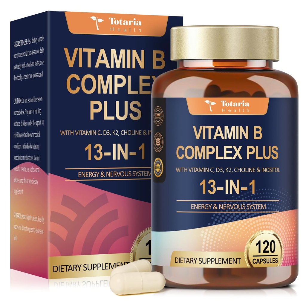 13-in-1 Vitamin B Complex Plus mit Vitamin B1, B2, B3 (Niacinamid), B4, B5, B6, B7 (Biotin), B8 (Inositol), B9 (Folate), B12, C, D3, K2 - Energie, Nerve, Immune, Hautunterstützung - 120 Vegan Kapseln