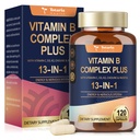 13-in-1 Vitamin B Complex Plus mit Vitamin B1, B2, B3 (Niacinamid), B4, B5, B6, B7 (Biotin), B8 (Inositol), B9 (Folate), B12, C, D3, K2 - Energie, Nerve, Immune, Hautunterstützung - 120 Vegan Kapseln