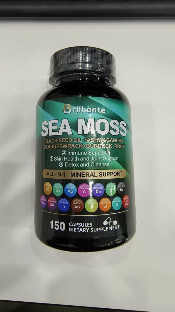 Sea Moss 27 850mg Ashwagandha 1000mg Huile de graines noires 4000mg Ashwagandha Suppléments Vitamine C & D3 avec Bladderwrack, Gingembre, Root de Burdock pour Immune System-145 Capsules