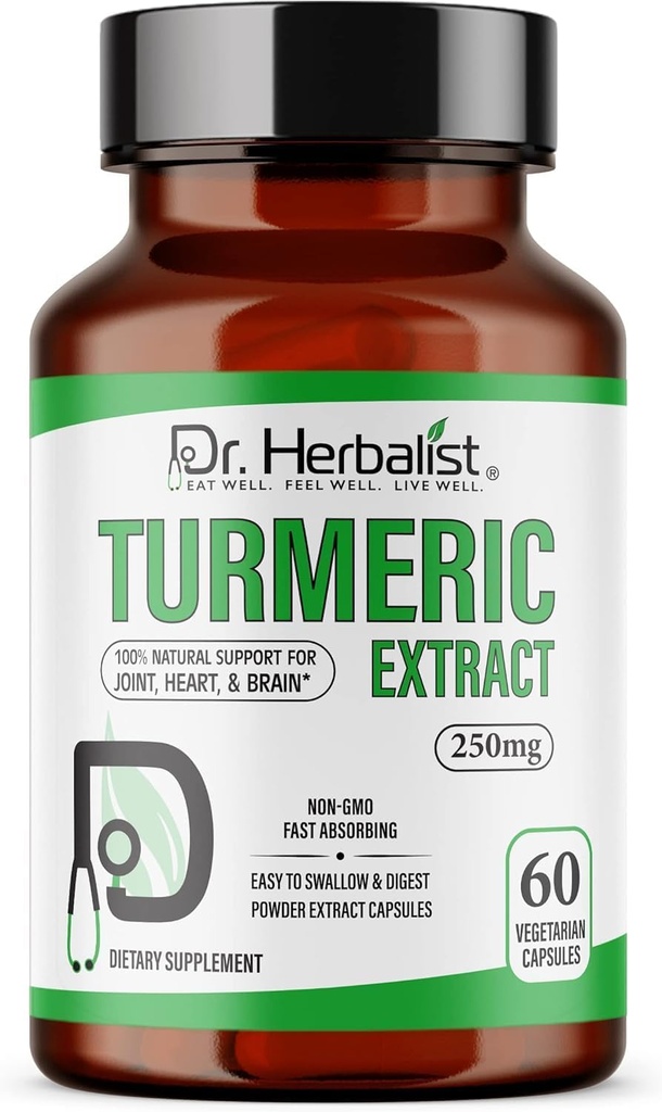 Dr. HERBALIST Kurkuma Extrakt 250mg – 60 Vegan Kapseln | 10:1 Extrakt = 2.500mg Kurkuma | Standardisiert für Bioverfügbare Curcuminoide | Natürliche pflanzenbasierte Unterstützung