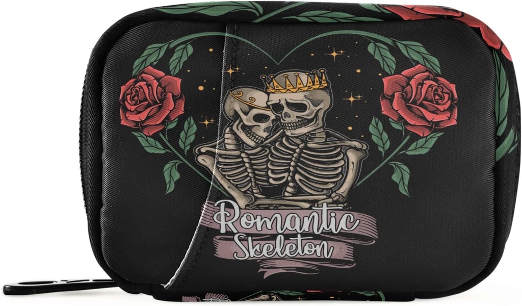 Crâne de squelette rose dans l'amour Pill Box 7 Day Pill Case Travel Pill Organizer Bag avec zipper Portable Weekly Case Taille compacte pour support de supplément de vitamine