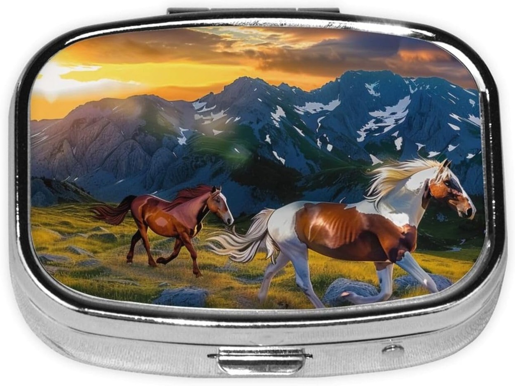Pilule carrée imprimée de cheval de course avec 2 compartiments, mini cas de pilule de boîte portable pour la médecine, vitamine, huile de poisson, suppléments