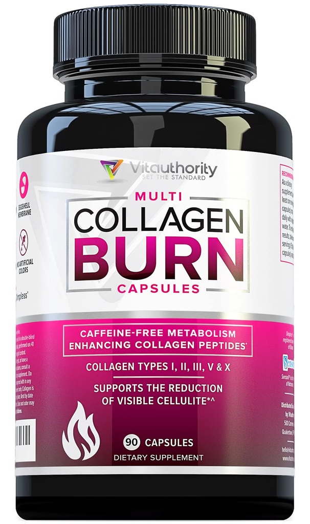 Multi Collagen Burn: Multi-Type hydrolysierte Proteinpeptide mit Hyaluronsäure, Vitamin C, SOD B Dimpless, Typen I, II, III, V und X, Koffeinfrei (Unflavored Capsules)