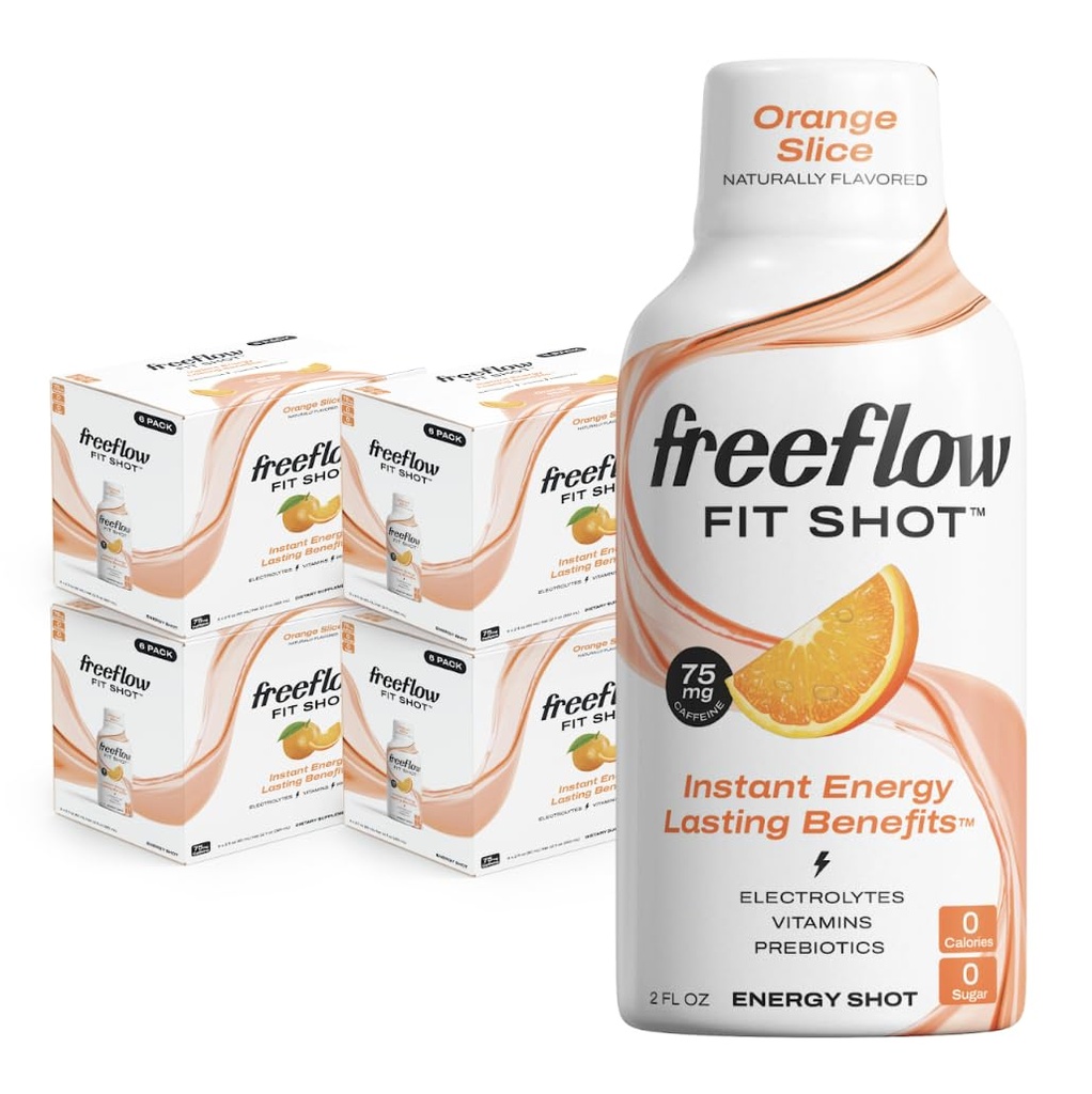Freeflow Fit Energy Shots, Orange Slice, Natural Caffeine Boost mit L-Theanin, Ginseng, Vitamine, Prebiotics, Elektrolyte (24 Count, 2oz Shots)