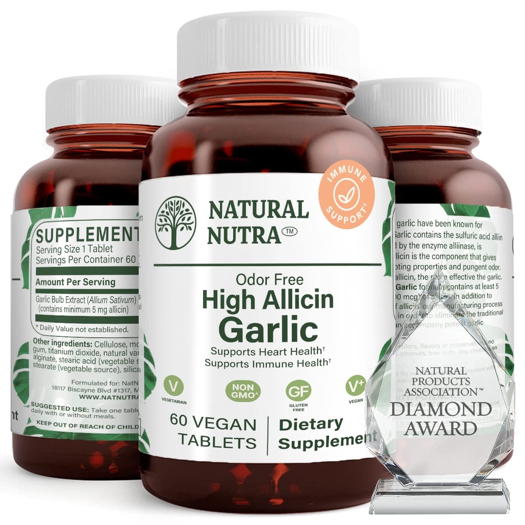 Natürliche Nutra High Allicin Knoblauch-Ergänzung, unterstützt Immunsystem, Verbesserung der Herzgesundheit, Verbesserung der Enzyme Gesundheit, bessere Verdauung, Kämpfe Kälte und Flu, Vanille Beschichtung, 500mg, 60 Vegan Tabletten