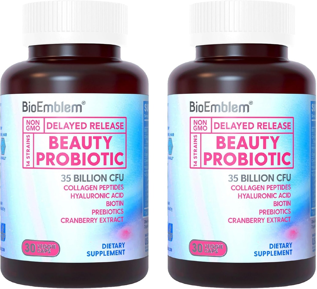 BioEmblem Beauty Probiotics für Frauen, 35 Billion CFU 14 Strains mit Biotin, Kollagen, Präbiotika für Verdauungsgesundheit, Haarhaut und Nägel, Vaginal Probiotics Supplement, Regal Stabil, 60 Caps