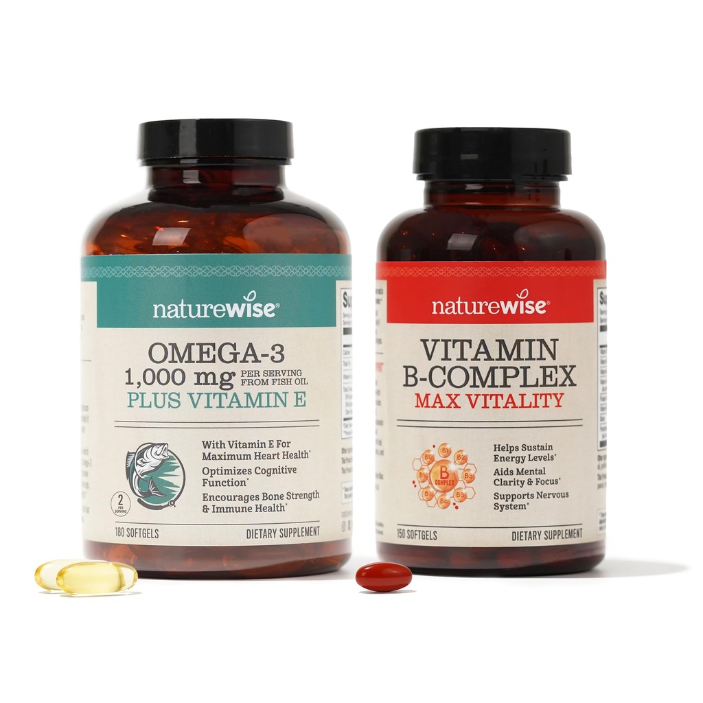 NatureWise 1000mg Omega 3 600mg EPA 400mg DHA avec complexe de vitamine E 180ct et vitamine B pour les femmes et les hommes 150 Softgels[5-Mois]