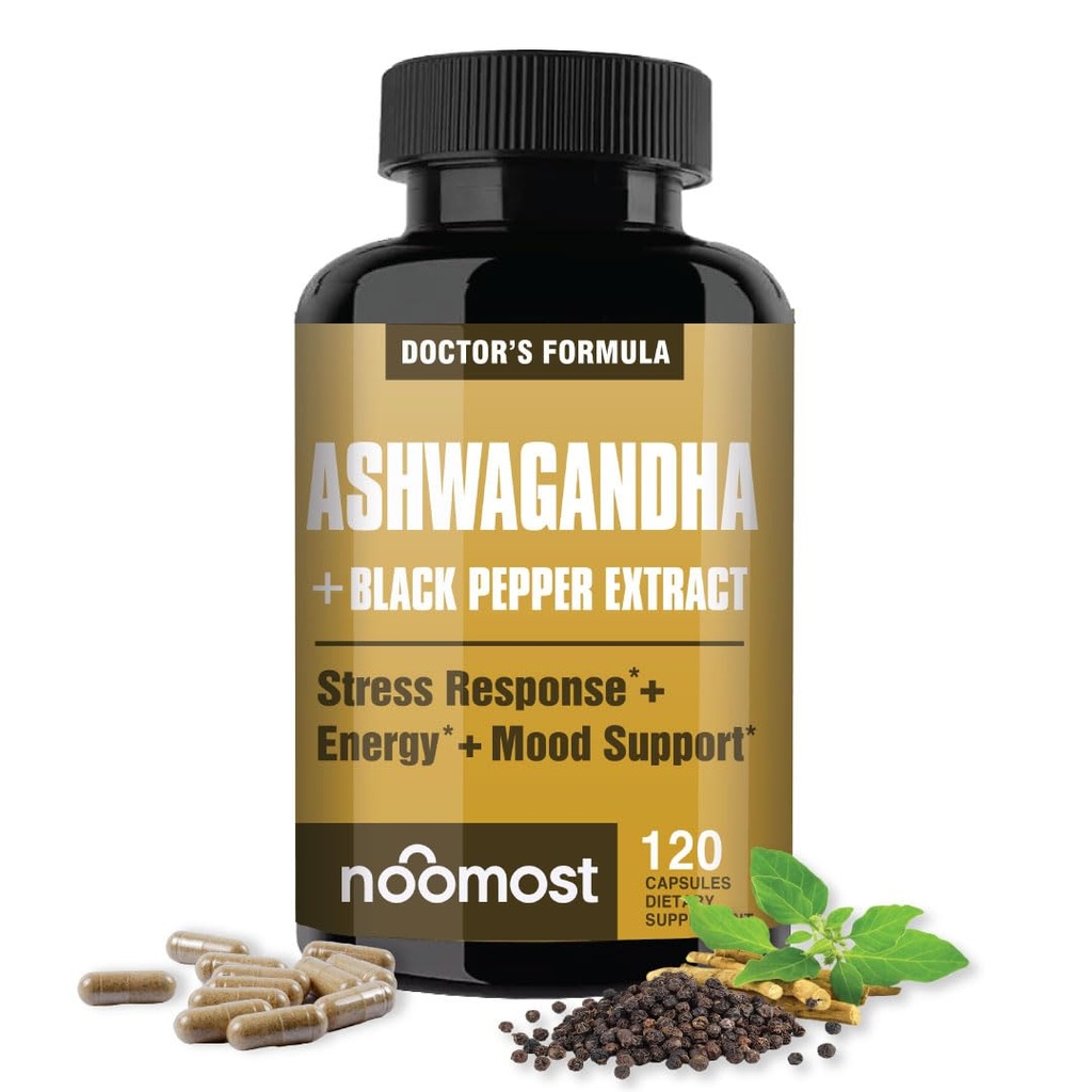 NooMost Ashwagandha 1200mg Supplement | 10% Withanolides mit schwarzem Pfeffer Extrakt | Pure Root Extract für Stress Relief, fördert Energie, Stimmung, Helathy Schlaf für Männer & Frauen | 120 Kapseln