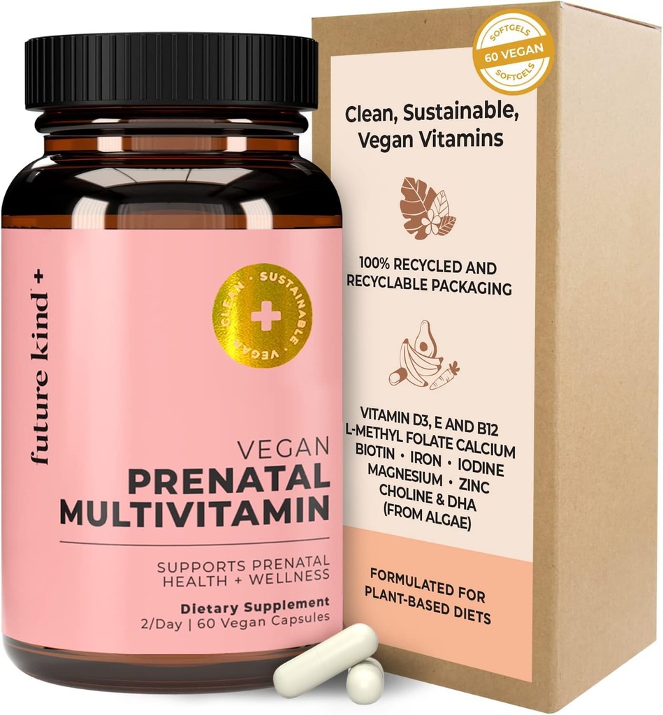 Zukunft Kind Vegan Pränatales Vitamin mit DHA & L-Methylfolat in Glasflasche - Pränatal Folat Ergänzung für Frauen mit Vitamin D & E, Eisen & Biotin - Glutenfrei, Non-GMO (60ct)