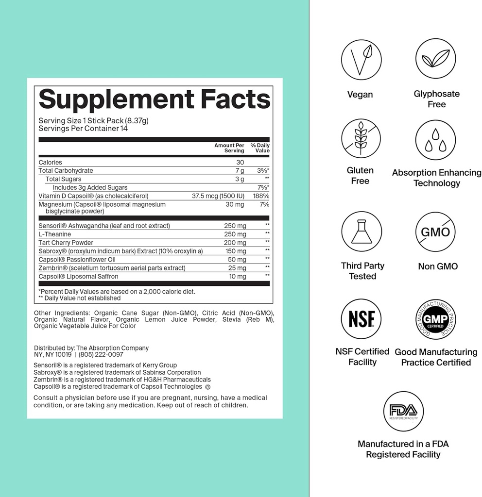 Calm Drink Mix - Entspannungshilfe mit Magnesium, Ashwagandha, L-Theanin, & Vitamin D - Unterstützt Cortisol Regulation und Stimmung für Männer & Frauen - Watermelon Lemonade Flavor 7 Sticks