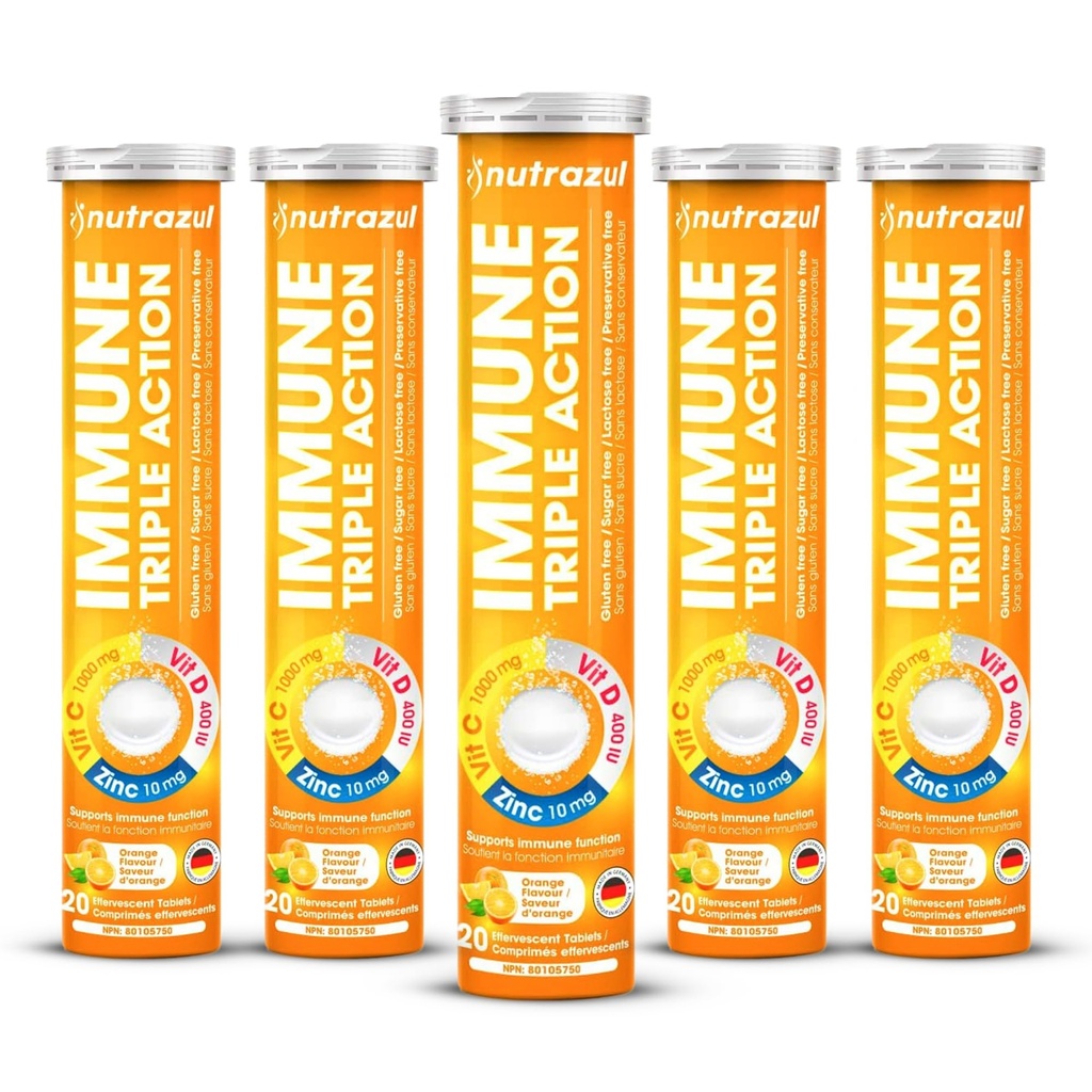 nutrazul crème triple action comprimés effervescents avec vitamine C 1000mg, vitamine D, zinc, soutien quotidien routine, sans gluten, sans sucre, sans lactose, saveur orange, 20 comprimés (paquet de 5x20)