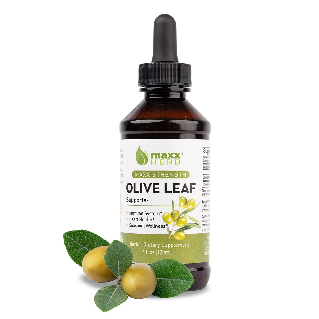 Maxx Herb Olive Leaf Extract – Max Strength Oleuropein Absorbe liquide mieux que les capsules ou le thé, pour le soutien immunitaire, la santé cardiaque et le bien-être saisonnier - 4 Oz bouteille (60 portions)