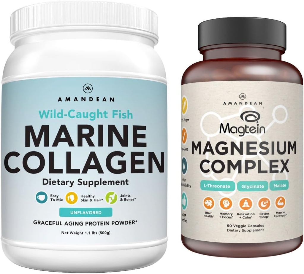 AMANDEAN Premium Magnesium Complex & Marine Collagen Bundle. High-Absorption Magnesium Threonat, Glycinat & Malate. Wild-Caught Hydrolyzed Fish Collagen Protein. Unterstützung Qualität Schlaf, Haut & Stimmung