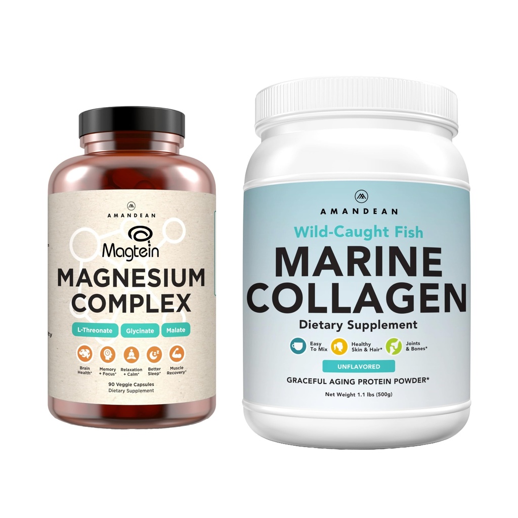 AMANDEAN Premium Magnesium Complex & Marine Collagen Bundle. High-Absorption Magnesium Threonate, Glycinate & Malate. Wild-Caught Hydrolyzed Fish Collagen Protein. Support Quality Sleep, Skin & Mood